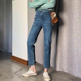 Plain High-waist Split Shift Denim Cropped Pants