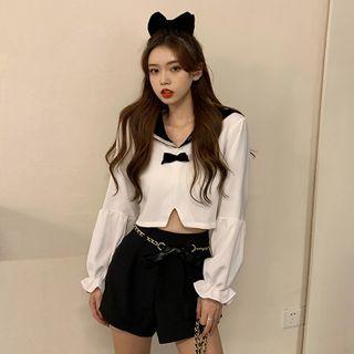 Sailor Collar Long Sleeve Cropped Shirt