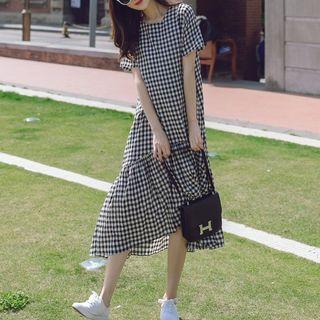 Short-sleeve Asymmetric Gingham A-line Midi Dress
