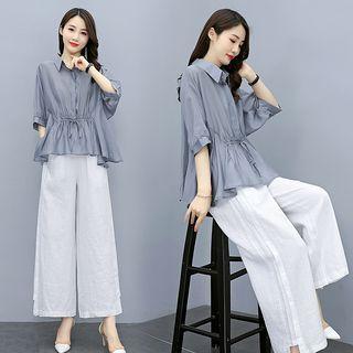 Set: Elbow-sleeve Peplum Blouse + Wide Leg Pants