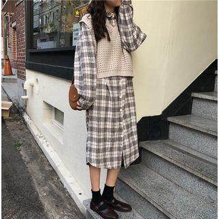 Long Sleeve Oversized Plaid Shirtdress / V-neck Cropped Vest