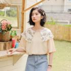 Short-sleeve Lace Panel T-shirt Almond - One Size