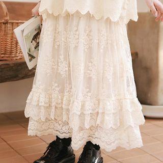 Tiered Lace Maxi Skirt Beige - One Size