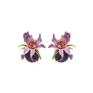 Fashion And Elegant Plated Gold Enamel Purple Flower Earrings With Cubic Zirconia Golden - One Size