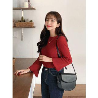 Lettuce-edge Bell-sleeve Ribbed Top