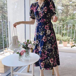 Surplice-wrap Long Floral Dress Navy Blue - One Size