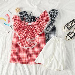 Set: Off-shoulder Check Ruffled Top + A-line Skirt