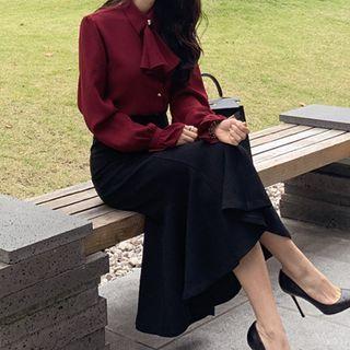 Set: Long-sleeve Blouse + Ruffle Hem Midi Pencil Skirt