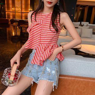Sleeveless Checked Irregular Top