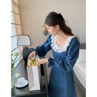 Long-sleeve Lace Trim Denim A-line Dress Blue - One Size