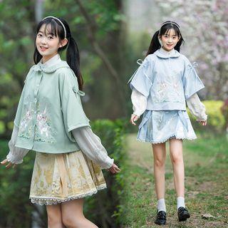 Elbow-sleeve Embroidered Jacket / Long-sleeve Blouse / Lace Trim Mini A-line Skirt / Set