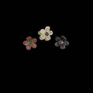 Set Of 3 : Flower Resin Rhinestone Hair Clamp Set Of 3 - Brown & Black & Almond - One Size