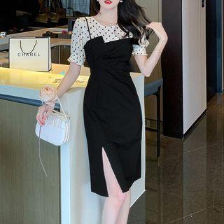 Mock Two-piece Puff-sleeve Dotted Asymmetrical Dress