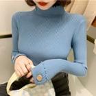 Plain Mock-neck Ruffled-trim Long-sleeve Knit Top