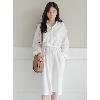Tie-waist Plain Long Shirtdress