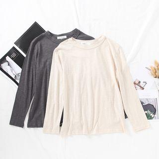 Long-sleeve Plain T-shirt 01 - Gray - One Size