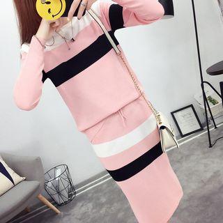 Set : Colour Block Long-sleeve Knit Sweater + Midi Skirt