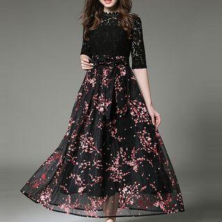 Mock Two-piece Elbow-sleeve Organza Dress