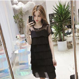 Short-sleeve Mesh Panel Tiered Mini Dress