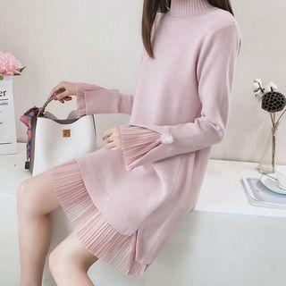 Mock Two-piece Mock Turtleneck Chiffon Panel Long-sleeve Mini Knit Dress