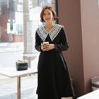 Crochet-collar Fleece-lined A-line Midi Dress Black - One Size