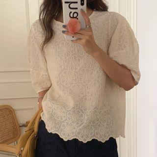Puff Sleeve Crewneck Embroidered Blouse