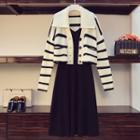 Striped Collared Cardigan / Sleeveless A-line Dress / Set