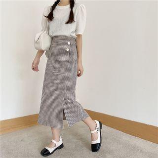 High-waist Plaid Open-side Slit-hem Skirt