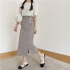 High-waist Plaid Open-side Slit-hem Skirt
