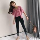 Pleated Frilled V-neck Check Blouse