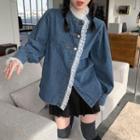 Lace Panel Long-sleeve Denim Top / High-waist A-line Accordion Pleat Mini Skirt