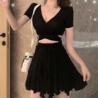 Set: V-neck Short-sleeve Top + A-line Skirt