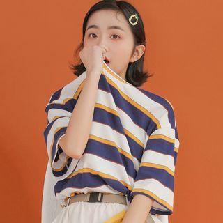 Boxy Striped Elbow-sleeve T-shirt Blue - One Size