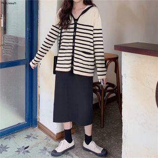Sailor Collar Striped Long-sleeve Knit Top / Back Slit Midi Straight-fit Skirt