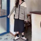 Sailor Collar Striped Long-sleeve Knit Top / Back Slit Midi Straight-fit Skirt