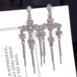Rhinestone Cross Fringed Earring Transparent - One Size
