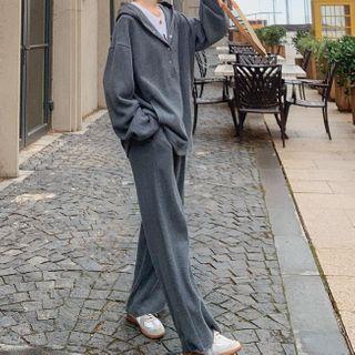 Set : Hooded Sweatshirt + High-waist Wide Leg Pants