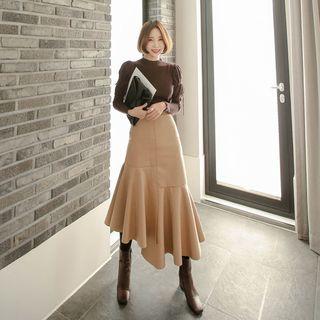 Ruffle-hem Asymmetric-hem Midi Skirt