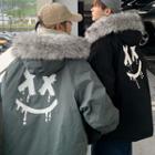 Faux Fur Trim Graphic Print Hooded Zip Jacket