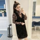 Set: Floral Print Chiffon Dress + Crochet Pinafore Dress