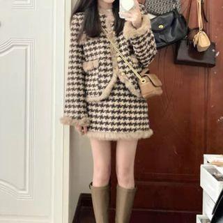 Set: Furry Trim Houndstooth Jacket + Mini Skirt