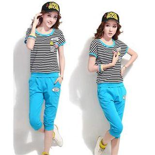 Set: Short-sleeve Printed Striped Top + Cropped Pants