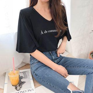 V-neck Flutter-sleeve Lettered Top