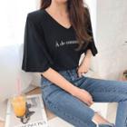 V-neck Flutter-sleeve Lettered Top