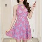 Embellished Halter A-line Lace Dress