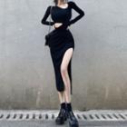 Plain Cut-out Side Slit Midi A-line Dress