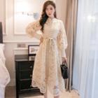 Balloon-sleeve Drawstring A-line Lace Dress