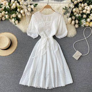 Short-sleeve Lace Midi A-line Dress White - One Size