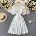Short-sleeve Lace Midi A-line Dress White - One Size