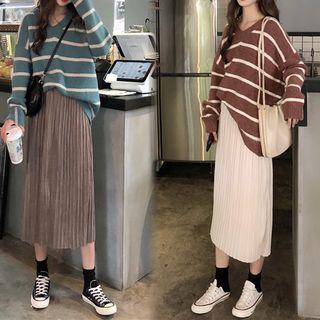 Set: Striped Sweater + Pleated Midi Skirt